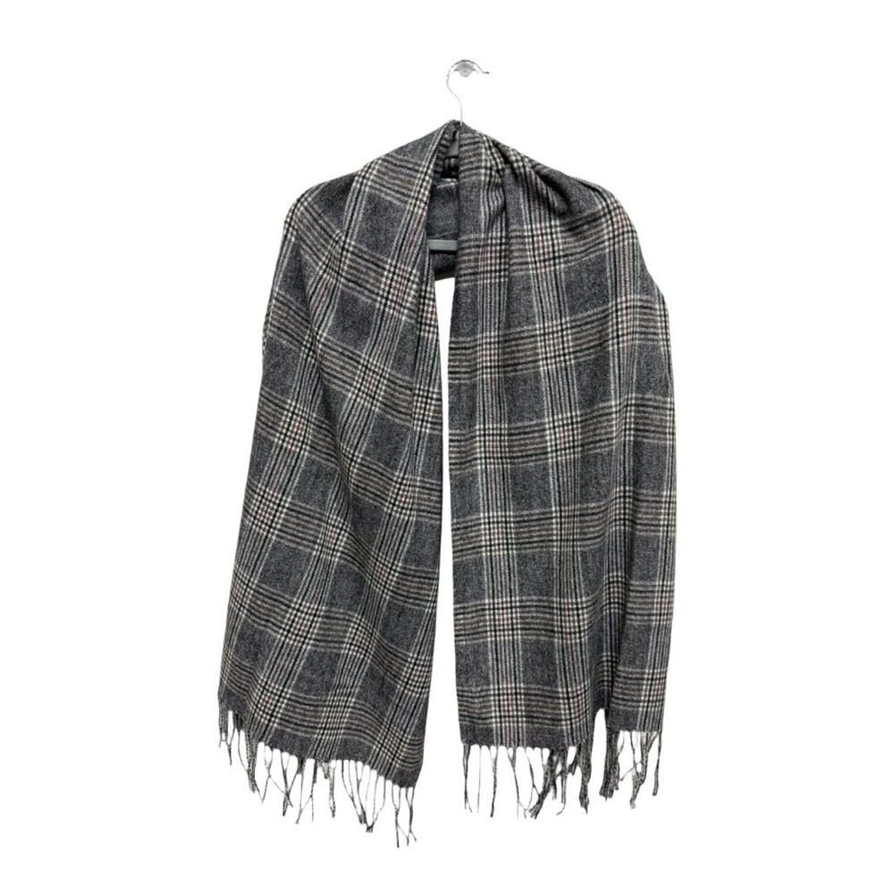 Classic Gray Plaid Fringe Wrap Scarf
